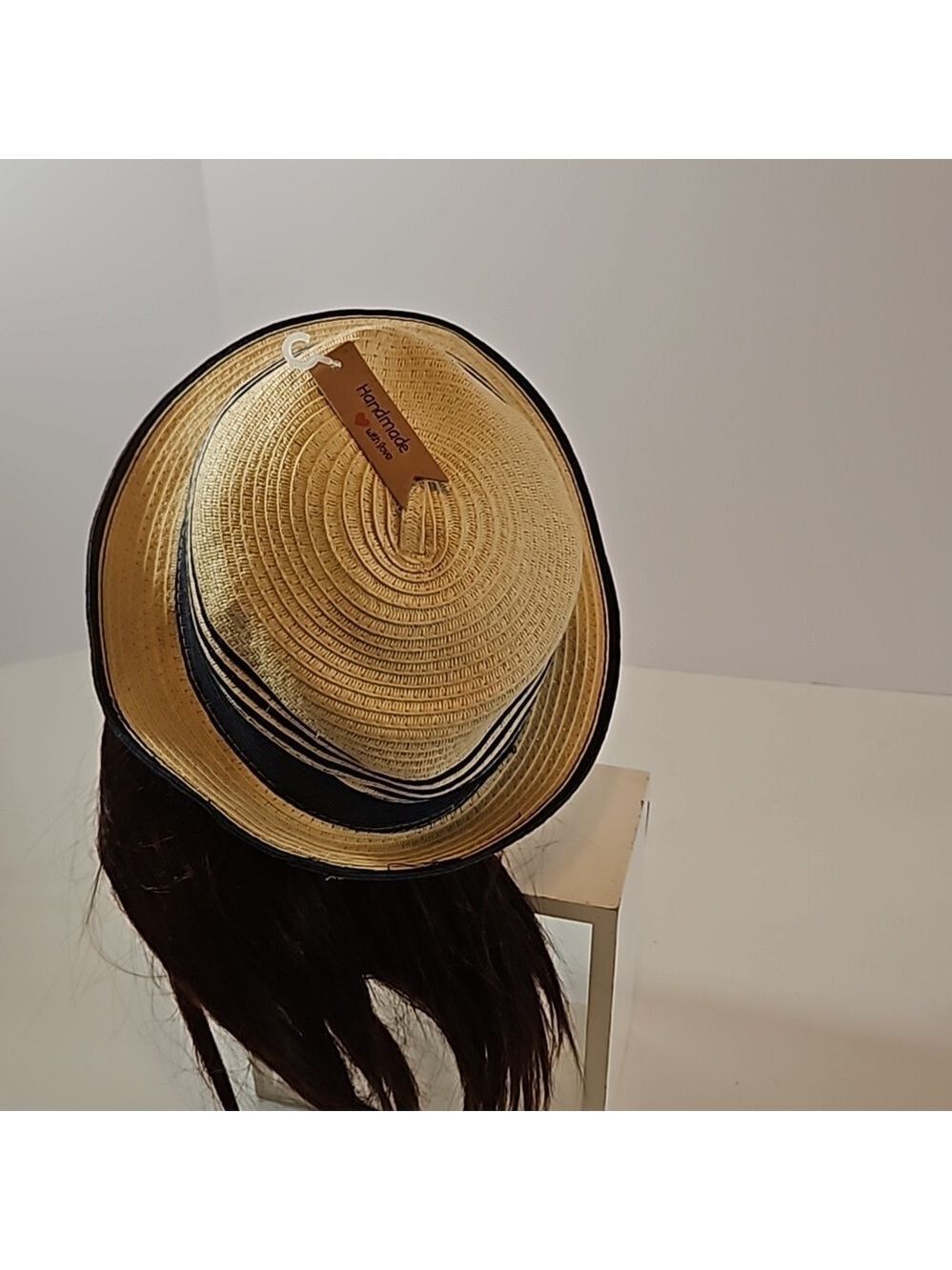 Summer Fedora Hat 100% paper straw Unisex black detail British Style Handmade - Picture 11 of 17